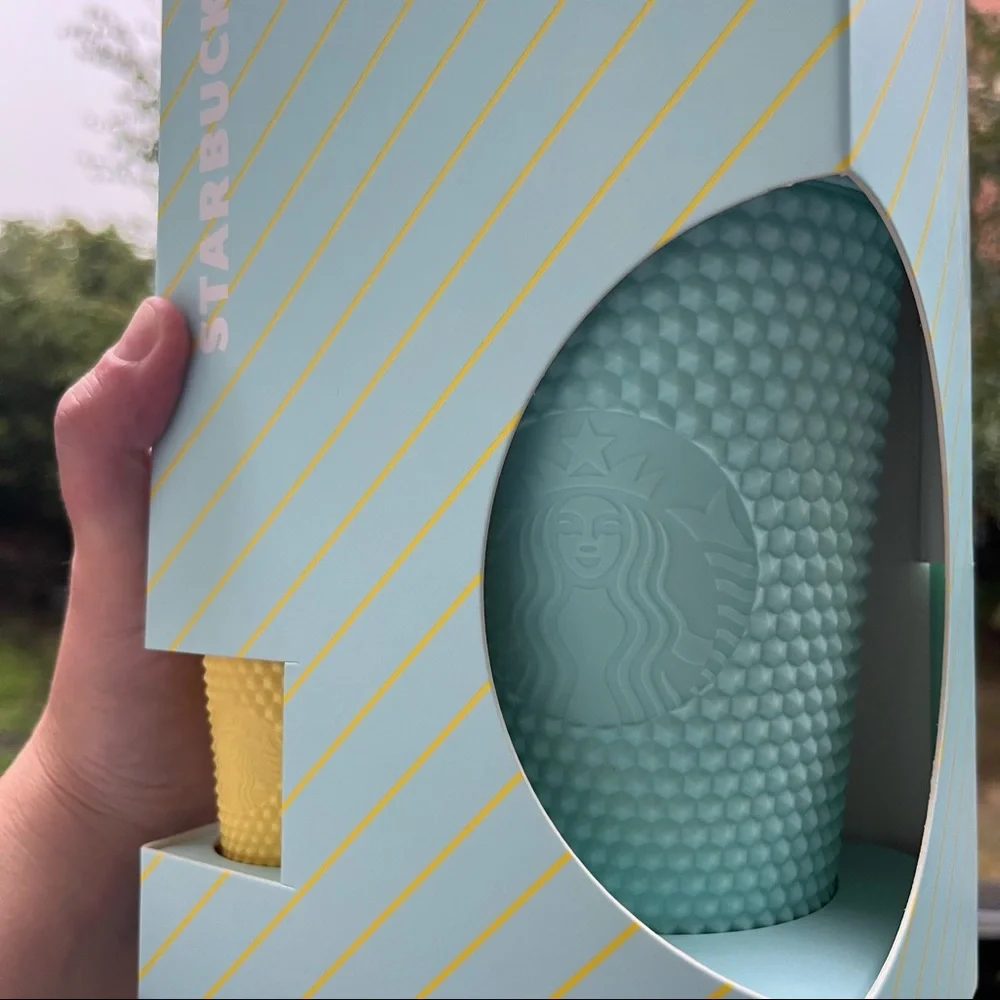 NWT Korea Starbucks Mint Grande Studded Tumbler Cup Yellow Keychain Box Overseaa